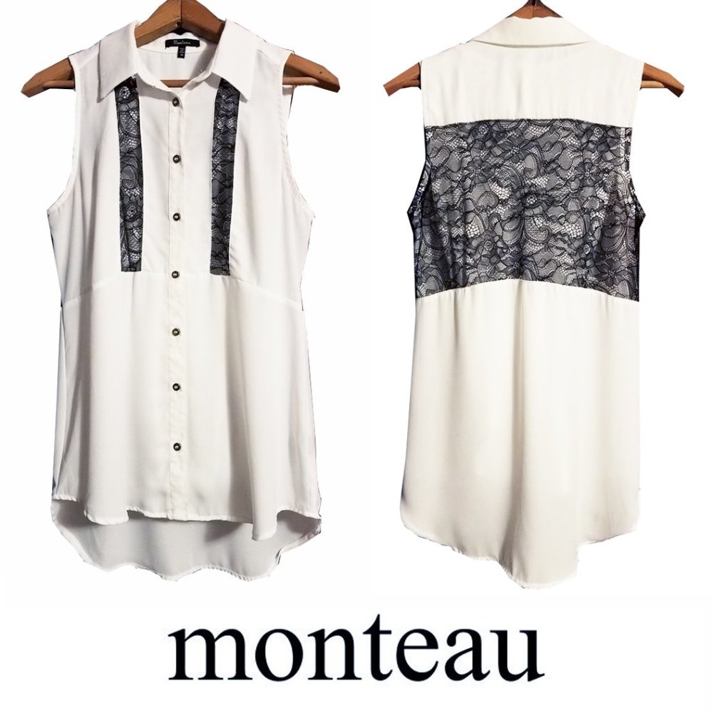 Monteau Black Lace & White Sleeveless Top Medium
